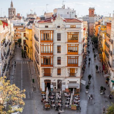 Aerial cityscape view from Serranos towers on the old town of Valencia city in Spain